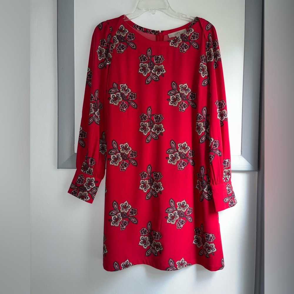 LOFT Red Floral Paisley Dress Size 6, Long Sleeves, Midi Length